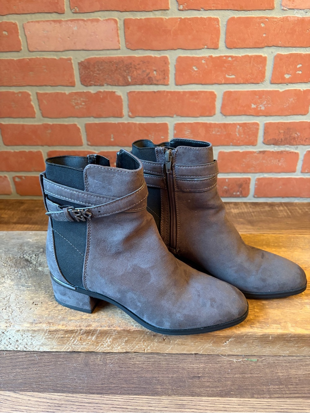 DKNY Women's Grey Faux Suede Buckle Ankle Booties - Size 6.5M
